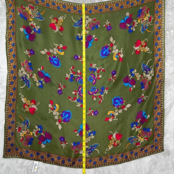 Vintage Floral Print 100% Silk Large Square Scarf Olive Green Made in Japan - Picture 12 of 13
